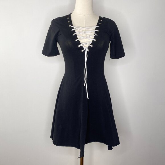 Current Mood Dollskill Black Lace-up Dress - goth - Picture 1 of 6